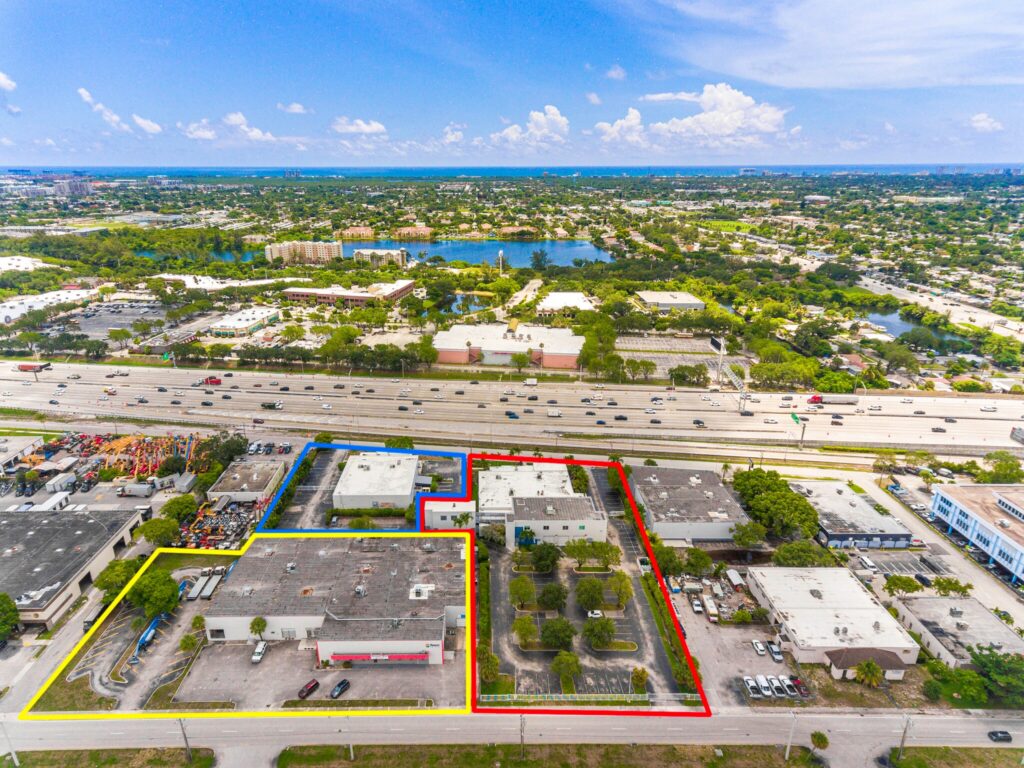 Aerial view of i95 Flex Office Compound commercial office property in Hollywood Florida near I-95 with outlined property boundaries